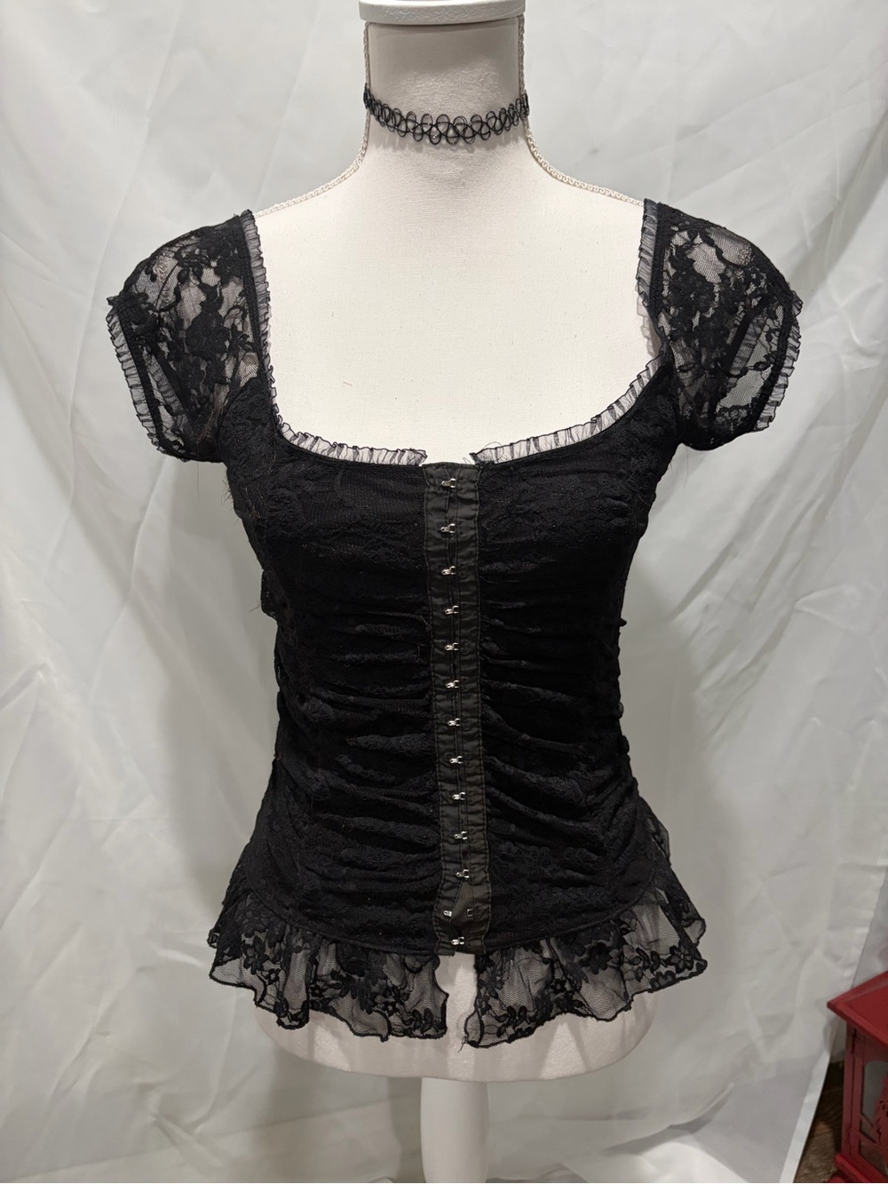 Black Lace Ruffle Button-Front Women's Top